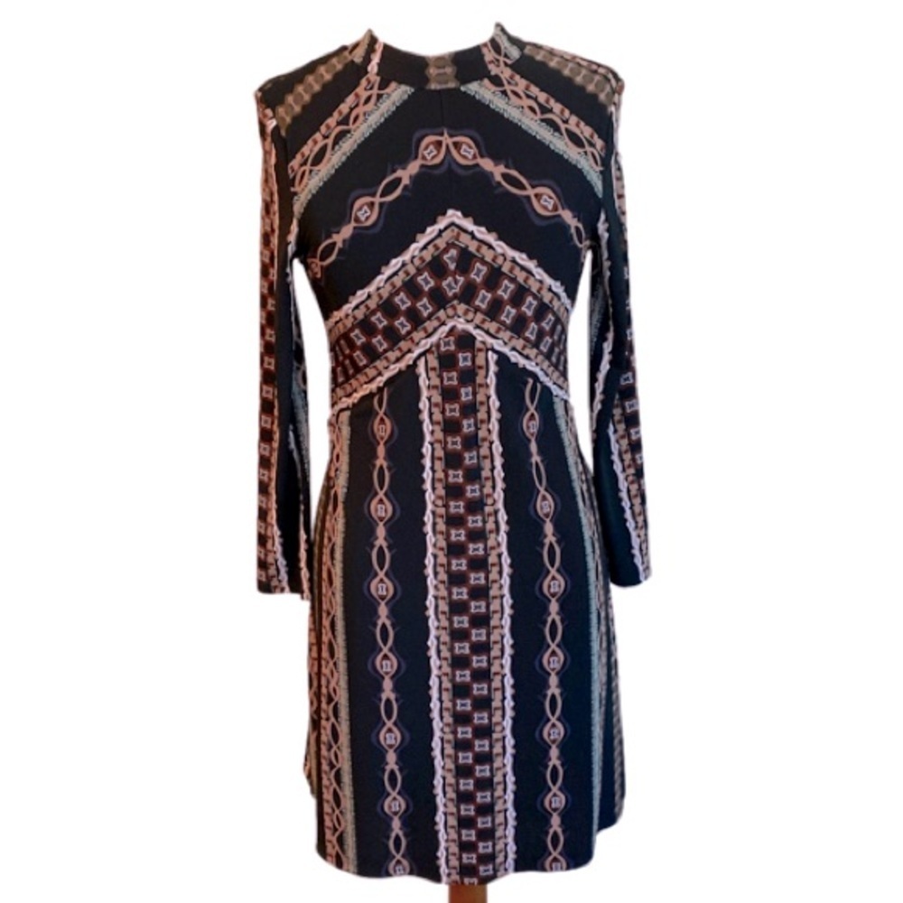 Free People Stella Mini Dress Small Graphic Retro Print Funky Long Sleeve NWT - Picture 2 of 13